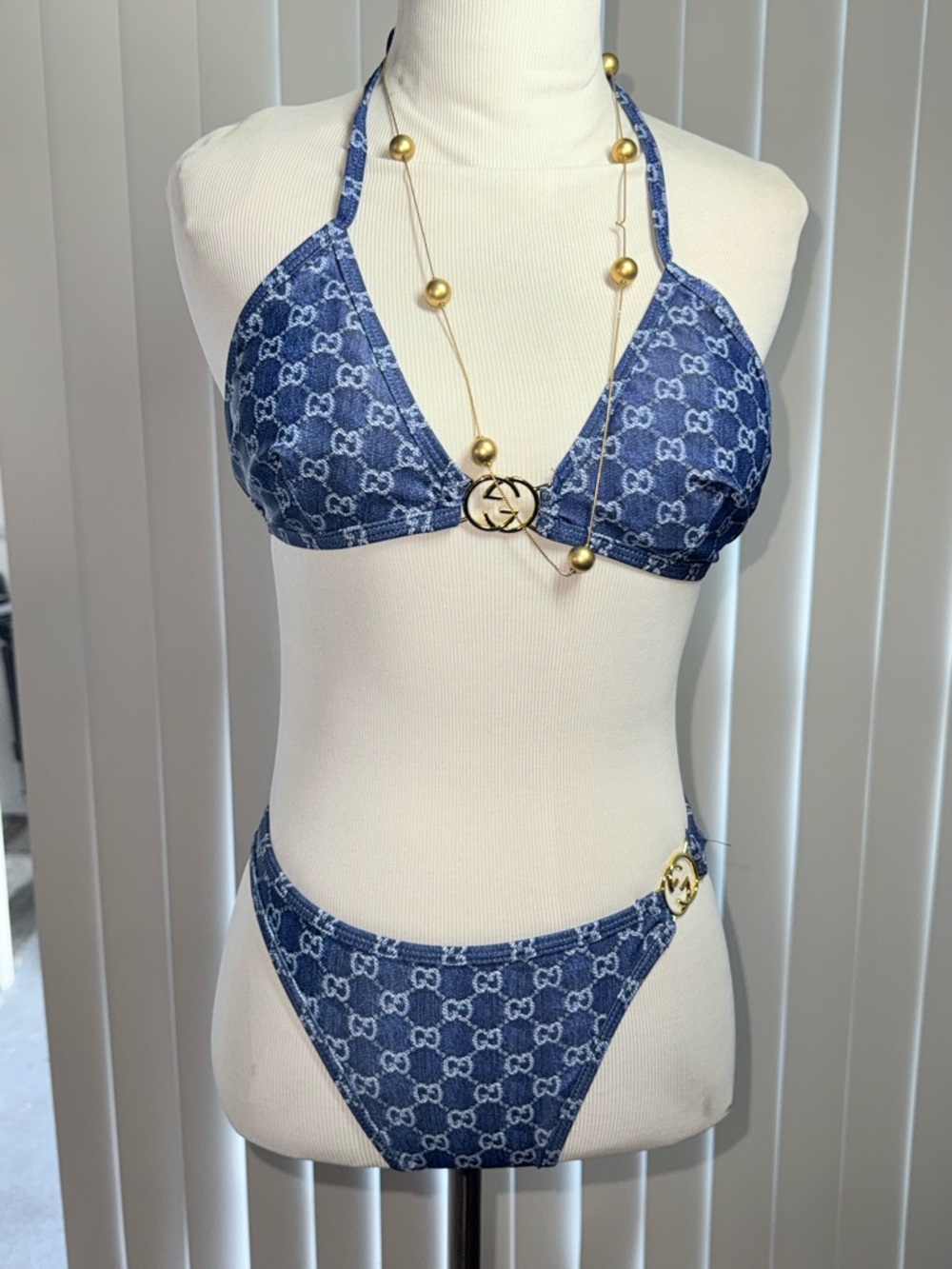 Gucci Blue Monogram Triangle Bikini with Gold Hardware